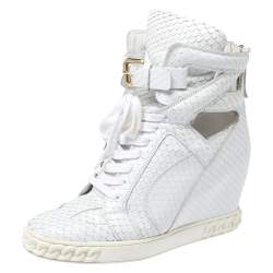 Pre Owned Casadei White Python Embossed Leather Wedge Cut Out Chain Motif Buckle Ankle Boots Size 40