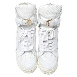Pre Owned Casadei White Python Embossed Leather Wedge Cut Out Chain Motif Buckle Ankle Boots Size 40