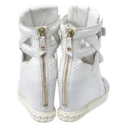 Pre Owned Casadei White Python Embossed Leather Wedge Cut Out Chain Motif Buckle Ankle Boots Size 40