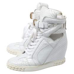 Pre Owned Casadei White Python Embossed Leather Wedge Cut Out Chain Motif Buckle Ankle Boots Size 40