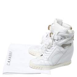 Pre Owned Casadei White Python Embossed Leather Wedge Cut Out Chain Motif Buckle Ankle Boots Size 40