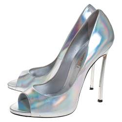 Pre Owned حذاء كعب عالي كاسادي مقدمة مفتوحة جلد فضي مقاس 39.5