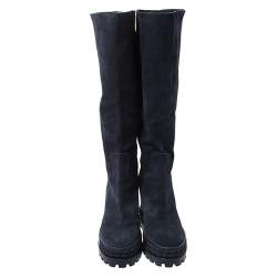 Pre Owned Casadei Navy Blue Suede Concealed Wedge Knee Length Boots Size 39