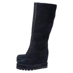 Pre Owned Casadei Navy Blue Suede Concealed Wedge Knee Length Boots Size 39