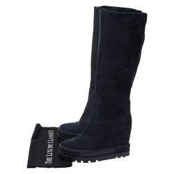 Pre Owned Casadei Navy Blue Suede Concealed Wedge Knee Length Boots Size 39