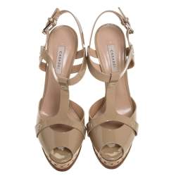 Pre Owned Casadei Beige Patent Leather T-Strap Platform Sandals Size 39.5