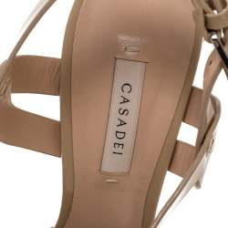 Pre Owned Casadei Beige Patent Leather T-Strap Platform Sandals Size 39.5