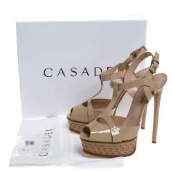 Pre Owned Casadei Beige Patent Leather T-Strap Platform Sandals Size 39.5