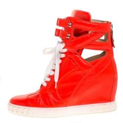 Pre Owned Casadei Orange Leather Wedge High Top Sneakers Size 40
