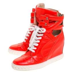Pre Owned Casadei Orange Leather Wedge High Top Sneakers Size 40