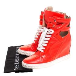 Pre Owned Casadei Orange Leather Wedge High Top Sneakers Size 40