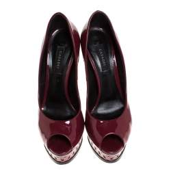 Pre Owned Casadei Burgundy Patent Leather Peep Toe Chain Motif Platform Pumps Size 37.5