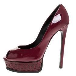 Pre Owned Casadei Burgundy Patent Leather Peep Toe Chain Motif Platform Pumps Size 37.5