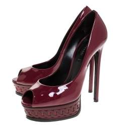 Pre Owned Casadei Burgundy Patent Leather Peep Toe Chain Motif Platform Pumps Size 37.5