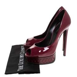 Pre Owned Casadei Burgundy Patent Leather Peep Toe Chain Motif Platform Pumps Size 37.5