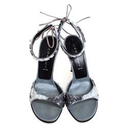 Pre Owned Casadei Grey Satin Floral Ankle Tie Up Sandals Size 38