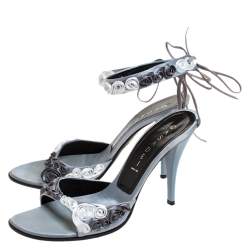 Pre Owned Casadei Grey Satin Floral Ankle Tie Up Sandals Size 38