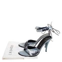 Pre Owned Casadei Grey Satin Floral Ankle Tie Up Sandals Size 38