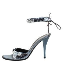 Pre Owned Casadei Grey Satin Floral Ankle Tie Up Sandals Size 38