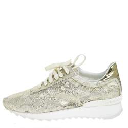 Pre Owned Casadei White/Gold Lace And Leather Trim Lace Up Sneakers Size 41