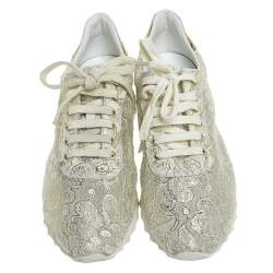 Pre Owned Casadei White/Gold Lace And Leather Trim Lace Up Sneakers Size 41