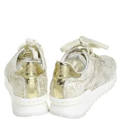 Pre Owned Casadei White/Gold Lace And Leather Trim Lace Up Sneakers Size 41