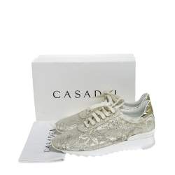 Pre Owned Casadei White/Gold Lace And Leather Trim Lace Up Sneakers Size 41