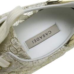Pre Owned Casadei White/Gold Lace And Leather Trim Lace Up Sneakers Size 41