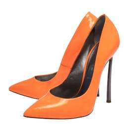 Pre Owned Casadei Neon Orange Patent Leather Blade Heel Pumps Size 37