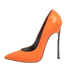 Pre Owned Casadei Neon Orange Patent Leather Blade Heel Pumps Size 37