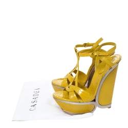 Casadei Yellow Python Embossed Leather Platform Wedge Sandals Size 38.5