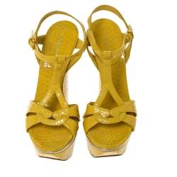Casadei Yellow Python Embossed Leather Platform Wedge Sandals Size 38.5
