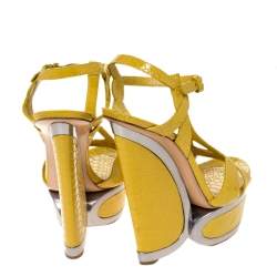 Casadei Yellow Python Embossed Leather Platform Wedge Sandals Size 38.5