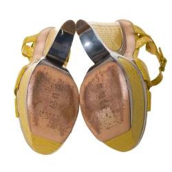 Casadei Yellow Python Embossed Leather Platform Wedge Sandals Size 38.5