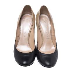 Casadei Beige/Black Patent And Leather Chain Motif Heel Round Toe Pumps Size 36