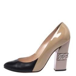 Casadei Beige/Black Patent And Leather Chain Motif Heel Round Toe Pumps Size 36