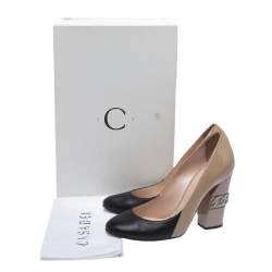 Casadei Beige/Black Patent And Leather Chain Motif Heel Round Toe Pumps Size 36