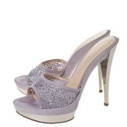 Casadei Lilac Suede Crystal Embellished Platform Open Toe Platform Slide Sandals Size 39