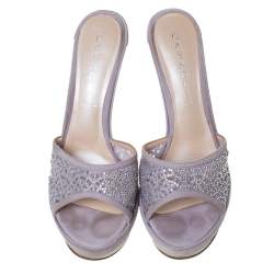 Casadei Lilac Suede Crystal Embellished Platform Open Toe Platform Slide Sandals Size 39