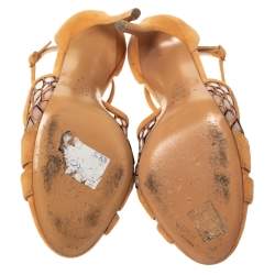 Pre Owned Casadei Light Ochre Mesh And Suede Honeycomb Pattern Ankle Strap Sandals Size 38