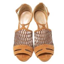 Pre Owned Casadei Light Ochre Mesh And Suede Honeycomb Pattern Ankle Strap Sandals Size 38