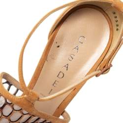 Pre Owned Casadei Light Ochre Mesh And Suede Honeycomb Pattern Ankle Strap Sandals Size 38