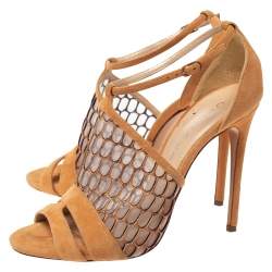 Pre Owned Casadei Light Ochre Mesh And Suede Honeycomb Pattern Ankle Strap Sandals Size 38