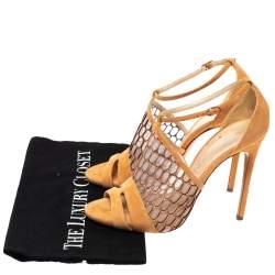 Pre Owned Casadei Light Ochre Mesh And Suede Honeycomb Pattern Ankle Strap Sandals Size 38