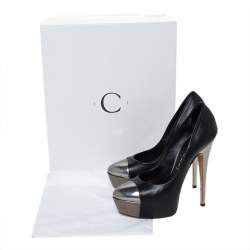 Pre Owned Casadei Black/Grey Leather Cap Toe Platform Pumps Size 36