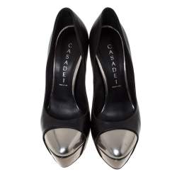 Pre Owned Casadei Black/Grey Leather Cap Toe Platform Pumps Size 36