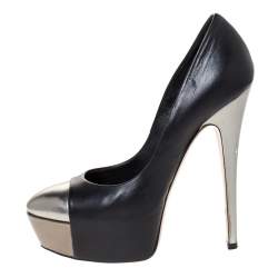 Pre Owned Casadei Black/Grey Leather Cap Toe Platform Pumps Size 36