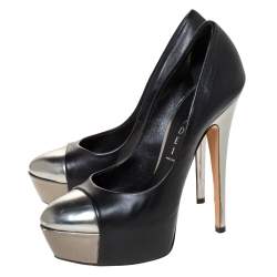 Pre Owned Casadei Black/Grey Leather Cap Toe Platform Pumps Size 36