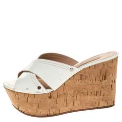 Pre Owned Casadei White Criss Cross Patent Leather Cork Wedge Sandals Size 35