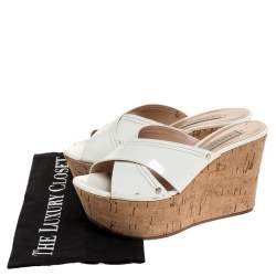 Pre Owned Casadei White Criss Cross Patent Leather Cork Wedge Sandals Size 35